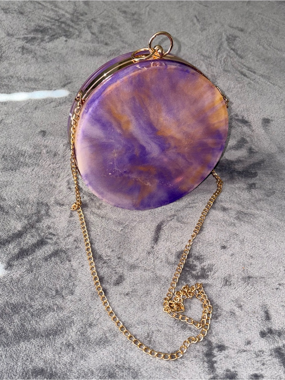 Gold-Chain Round Mini Bag in Purple and Gold Swirl